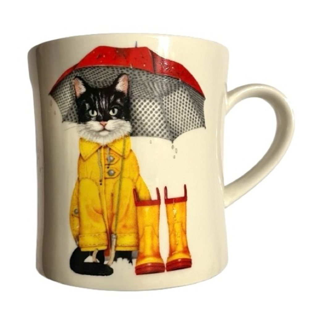 Cat black & white yellow raincoat boots in front red umbrella 4” stoneware mug